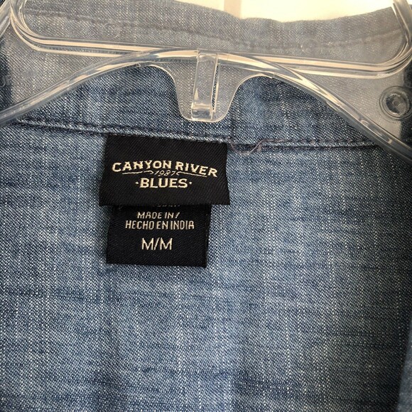 CONYON RIVER DEMIN BLUE BLUSE SHIRT, SIZE M, V NECK, BUTTON DOWN 1 - Picture 3 of 8